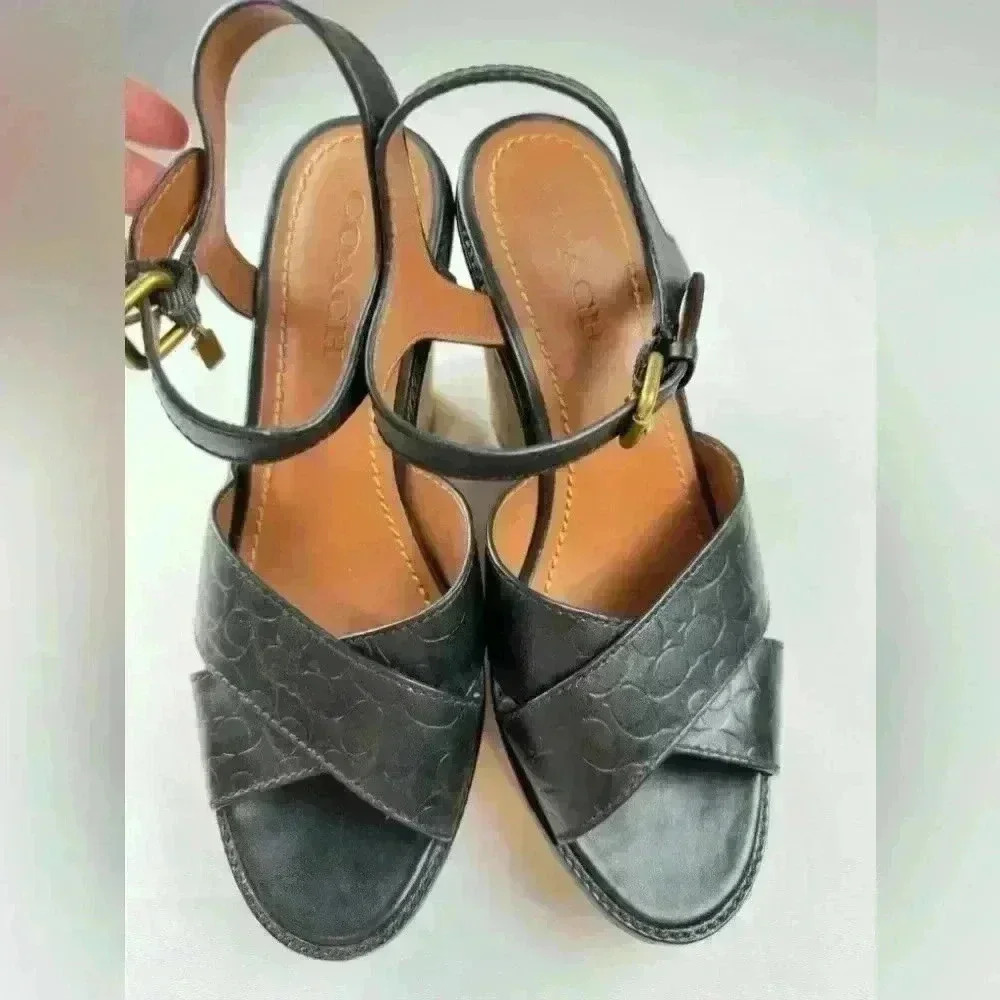Coach Cross Band High Wedge Sandals with logo (Size 10) - Picture 2 of 11